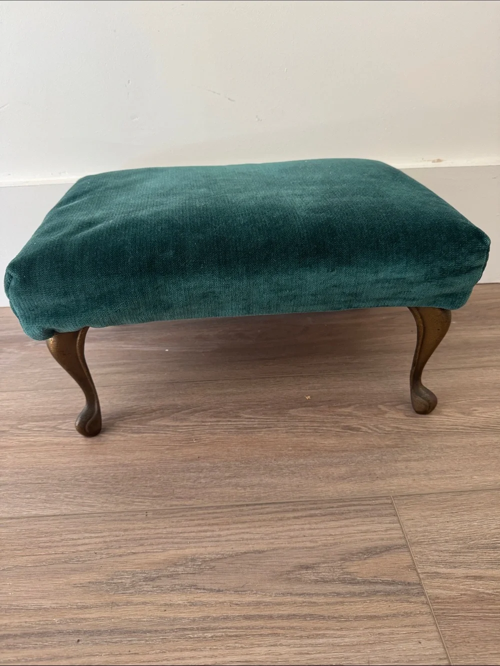 Antique vintage Green Upholstered Accent Footstool Ottoman with iron brass legs
